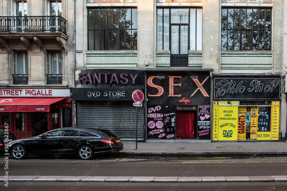 PARIS, FRANCE - October 6, 2016 - Sex shops in the Paris red-light district  of Pigalle Stock Photo | Adobe Stock