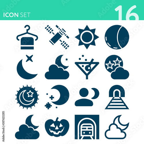 Simple set of 16 icons related to darkness