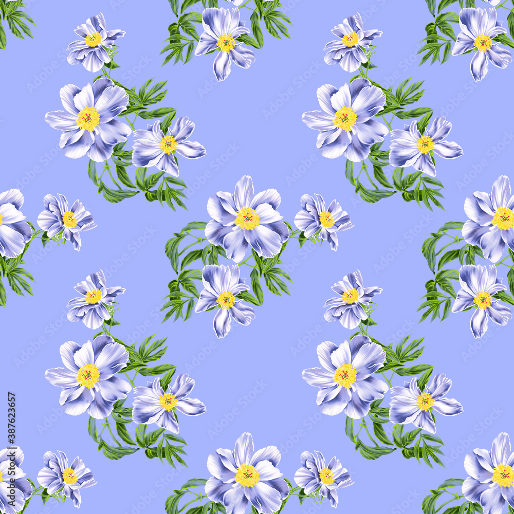 Seamless pattern with peonies, twigs, green leaves on a blue background. Endless botanical floral illustration. Seamless pattern with peonies, twigs, green leaves on a blue background. Endless botanical floral illustration.