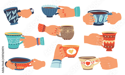 Hands with cups. Cartoon morning drink, coffee mugs. People hold ceramic dishes with hot tea. Collection kitchen tableware, home or cafe utensil textile template. Vector cafeteria pottery isolated set