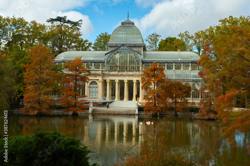 Crystal palace inside the Retiro park in Madrid in autumn