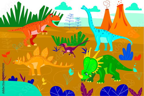 Cartoon dinosaurs in nature. Vector illustration of tyrannosaurus  brachiosaurus  stegosaurus 