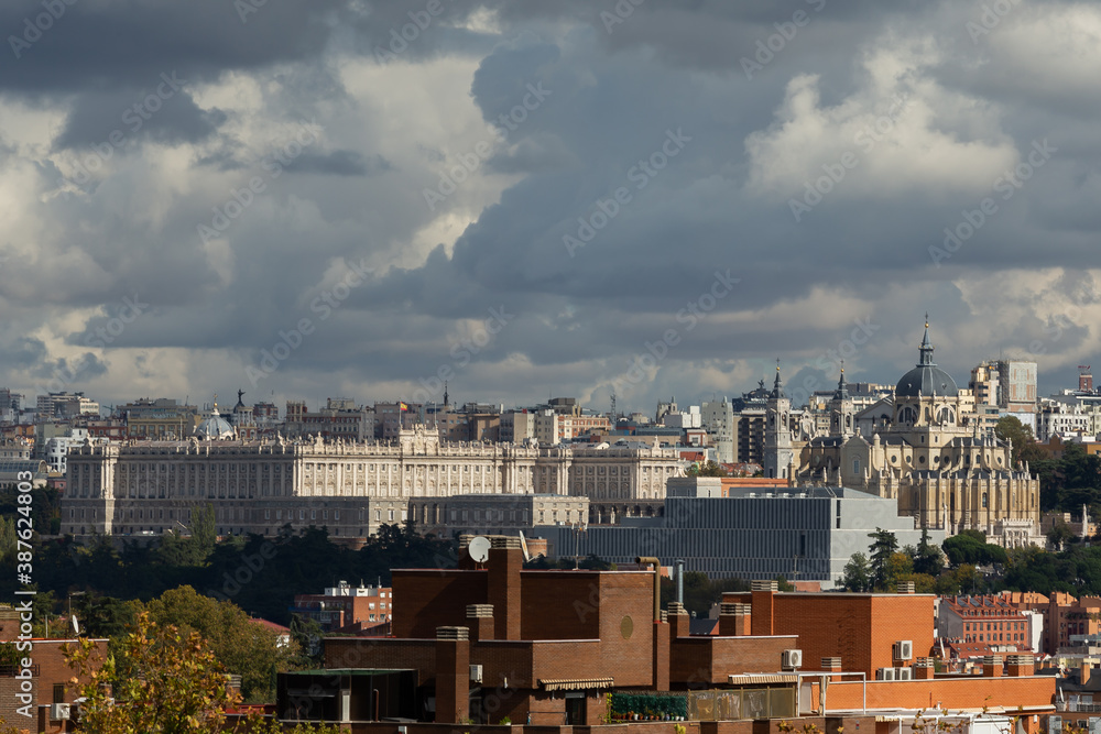 Madrid skyline landscape with storm clouds in autumn