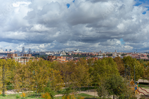 Madrid skyline landscape with storm clouds in autumn