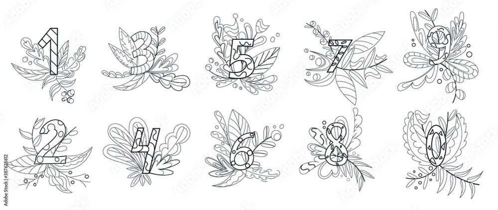 Numbers from 0 to 9. Cartoon flowers and floral print. Colorful vector illustration Numbers from 0 to 9. Cartoon flowers and floral print. Colorful vector illustration