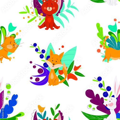 Pattern of cartoon animals with a floral print. Bear  fox  hare