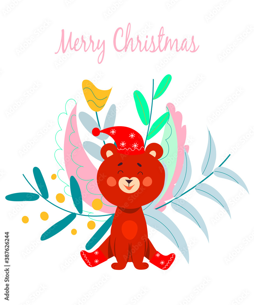 Naklejka premium Cartoon bear and flower background. Christmas card. Vector illustration.