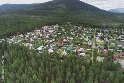 Aerial Townscape of Suburban Village Cheremushki located in Northwestern Russia on the Kola Peninsula near the town Kandalaksha