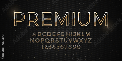 3D Vector Elegant Premium Golden Font Isolated On Abstract Background. Royal Vip Gold Alphabet Design Elements. Expensive Golden Metalic Typescript On Dark Luxury Backdrop