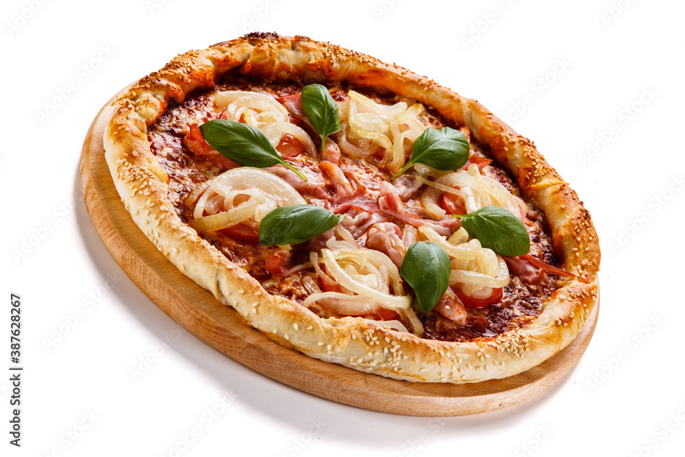 Pizza with ham, mozzarella, champignon, tomatoes and onion on white background
Pizza with ham, mozzarella, champignon, tomatoes and onion on white background
