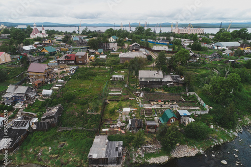 Aerial Townscape of Suburb of the Town Kandalaksha located in Northwestern Russia © Artamonova