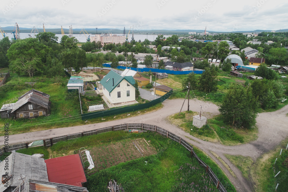 Aerial Townscape of Suburb of the Town Kandalaksha located in Northwestern Russia Aerial Townscape of Suburb of the Town Kandalaksha located in Northwestern Russia