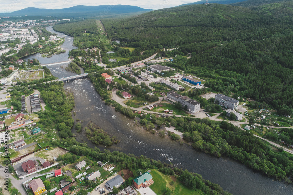 Aerial Townscape of Suburb of the Town Kandalaksha located in Northwestern Russia