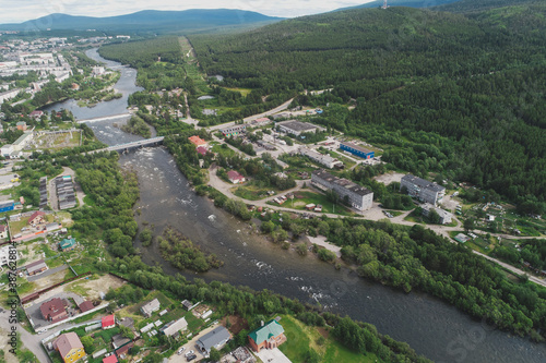 Aerial Townscape of Suburb of the Town Kandalaksha located in Northwestern Russia