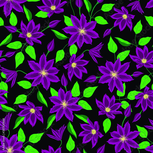 Vector version. purple clematis flowers repeat pattern on black background.
