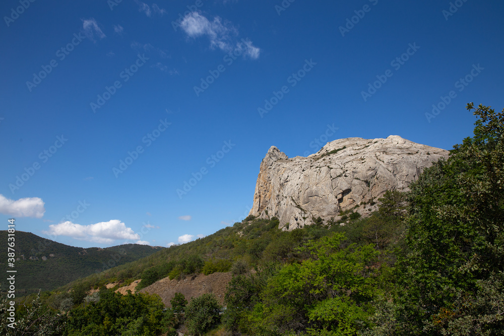 White rock. View of the white rock against the blue sky and green forest. Great place for rock climbers