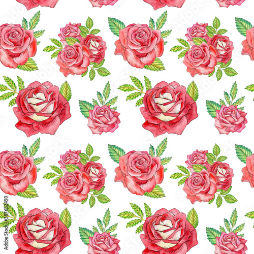 Watercolor red roses with leaves seamless pattern. Floral ornament in tatoo style on white background.