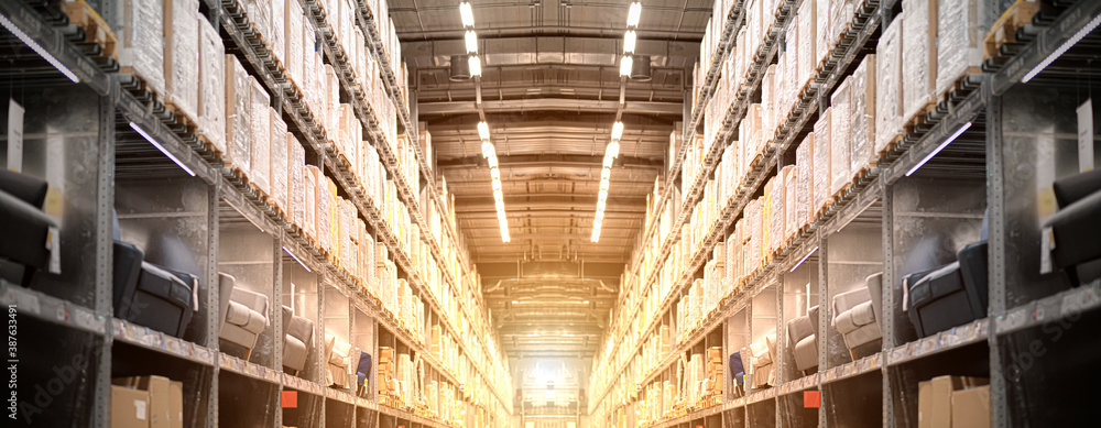 Very big rows of shelves with goods boxes in modern industry warehouse store at factory warehouse storage. Typical storage, warehouse interior. Selective focus. Toned collage. Background. Copy space.