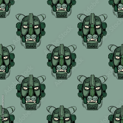 Seamless pattern with jade masks of Zapotec Indians from Monte Alban. Pre Columbian Native American art. Head of fantastic character. Jaguar man. Hand drawn rough sketches.