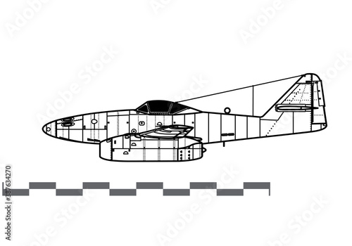 Messerschmitt Me 262A-1 Schwalbe. World War 2 jet fighter. Side view. Image for illustration and infographics.