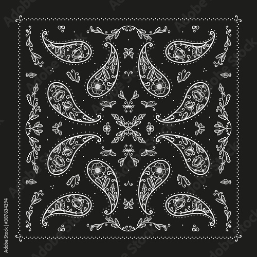 Black and White Paisley Bandana Ornament Print. Vintage Oriental Paisley Square Pattern with Poppy Flowers. Silk Neck Scarf, Headscarf or Kerchief. Boho Style Vector Floral Background