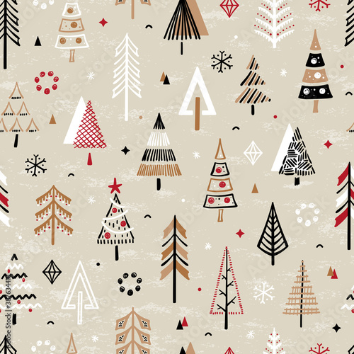 Seamless Christmas Pattern with Christmas Trees. Winter Fairy Forest. Doodle Fir Tree Vector Background for Winter Holidays, Christmas and New Year Design
