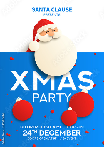 Christmas party poster template. Merry Christmas and Happy New Year flyer. Smiling funny Santa Claus. Vector illustration with Santa Claus in paper art style. Invitation to nightclub.