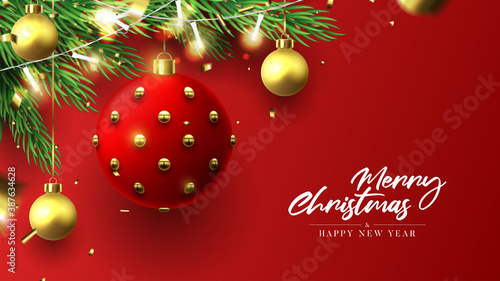 Merry Christmas and Happy New Year banner. Holiday background with realistic Christmas balls  sparkling light garlands  fir-tree branches  confetti and snowflakes. Vector illustration.