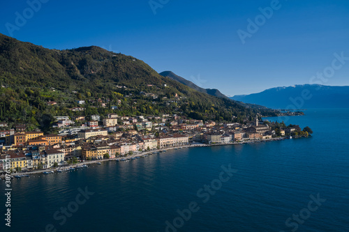 Panoramic view of the historic part of Salò on Lake Garda Italy. Aerial view of the town on Lake Garda. Lake in the mountains of Italy. Tourist site on Lake Garda.