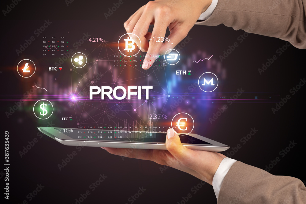 Close-up of a touchscreen with PROFIT inscription, business opportunity concept Close-up of a touchscreen with PROFIT inscription, business opportunity concept