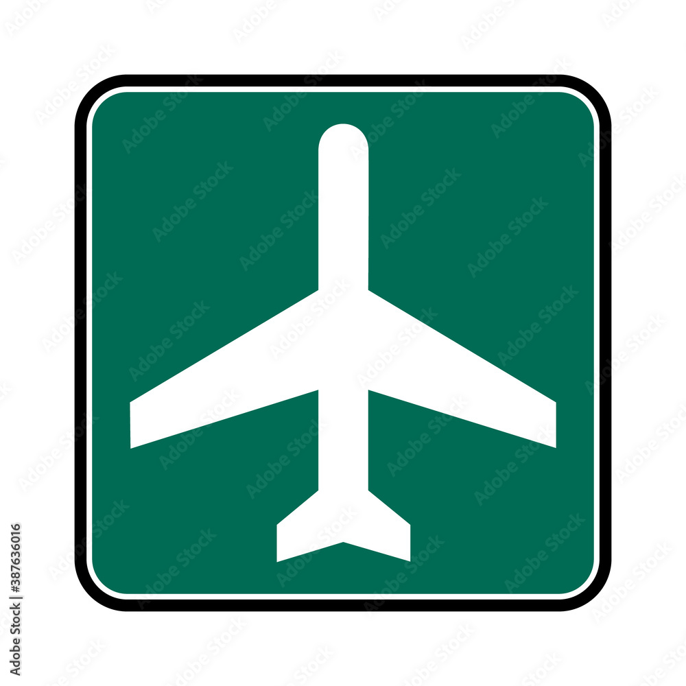 Airport road sign. Vector illustration of green rectangle traffic sign with white plane icon inside. Airport terminal symbol isolated on background. General information USA sign.
