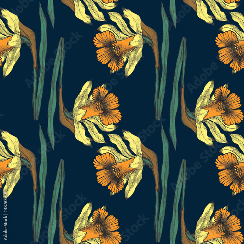 Seamless botanical dark blue pattern with yellow orange daffodils