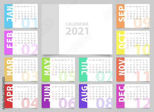 2021 calendar template with modern flat style