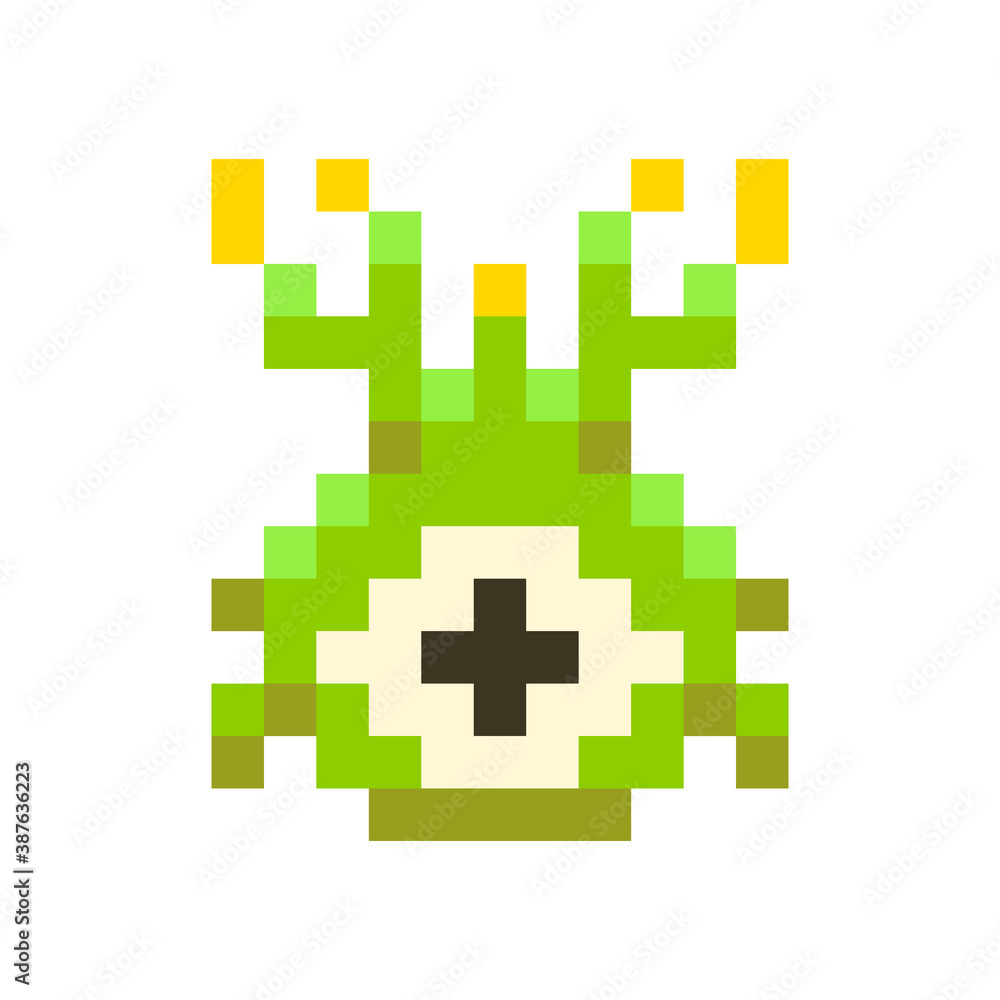 Cute green space invader monster, game enemy in pixel art style on white Cute green space invader monster, game enemy in pixel art style on white
