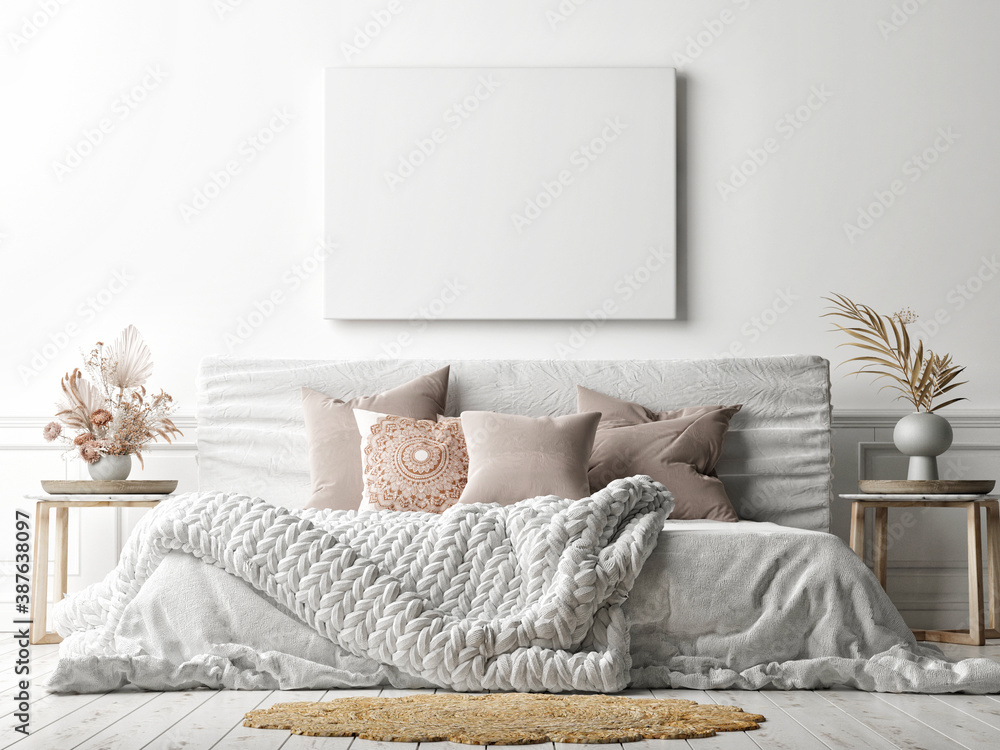 Mockup poster on white wall with a cozy bed, white background, 3d render, 3d illustration - obrazy, fototapety, plakaty 