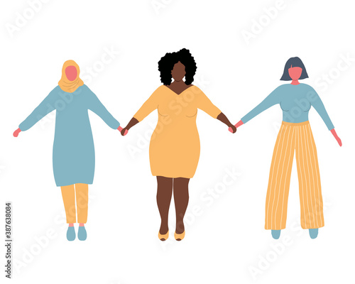Diverse group of women are holding hands. International Women's Day concept. Women's community. Women silhouettes of different races. International social concept. Vector illustration