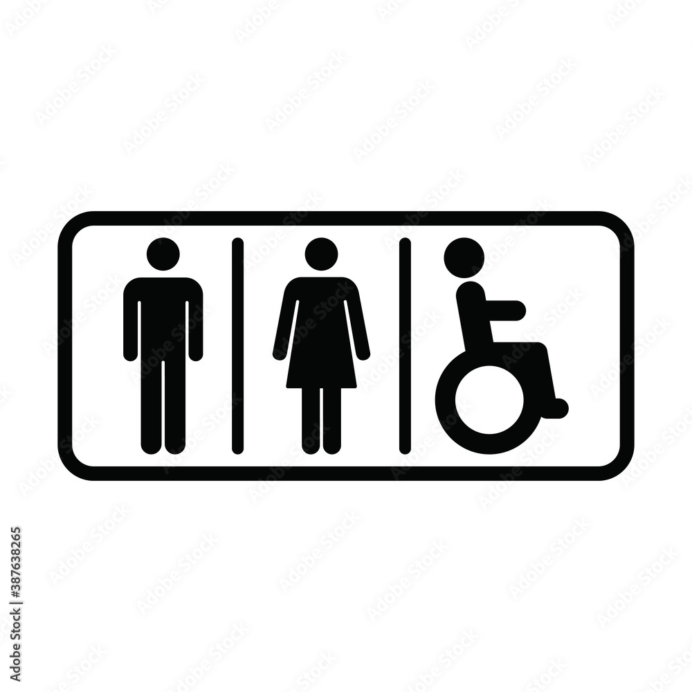 Washroom sign vector icon with man, woman and disabled person on wheelchair symbol in a glyph pictogram illustration Washroom sign vector icon with man, woman and disabled person on wheelchair symbol in a glyph pictogram illustration