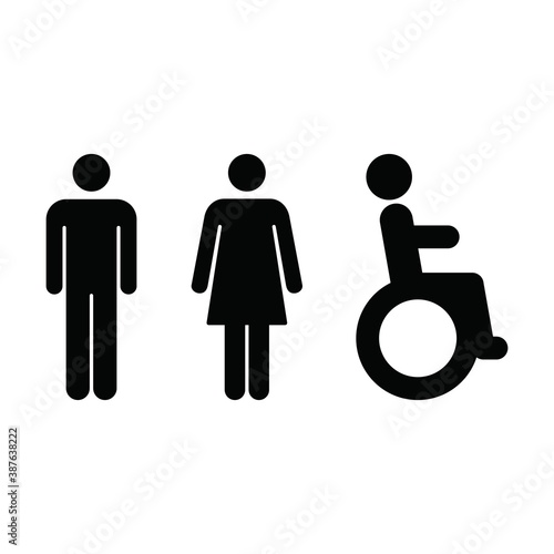 Toilet sign vector icon  with man, woman and disabled person on wheelchair symbol in a glyph pictogram illustration
