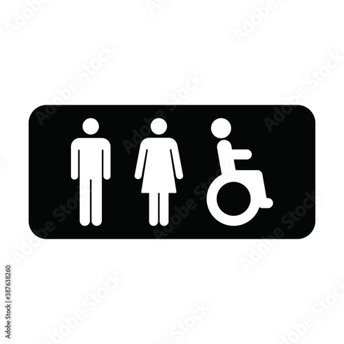 Bathroom symbol vector icon with man, woman and disabled person on wheelchair symbol in a glyph pictogram illustration