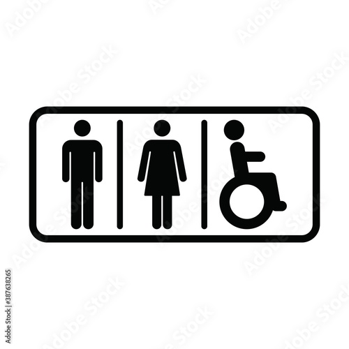 Washroom sign vector icon with man, woman and disabled person on wheelchair symbol in a glyph pictogram illustration