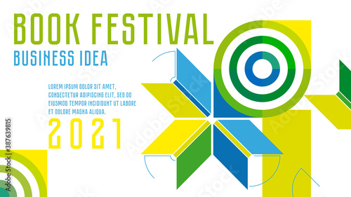 Book festival banner. Open books and target. Concept of the theme of successful business idea. Vector minimalist background. Design template for a library. Striving for success. Green, blue, yellow.