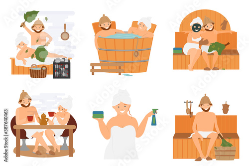 Sauna to restore health and relaxation. A man and a woman in a steam room, in a barrel of water, drinking tea. Spa treatments for beauty. Set of vector illustrations isolated on white background. © Angelina