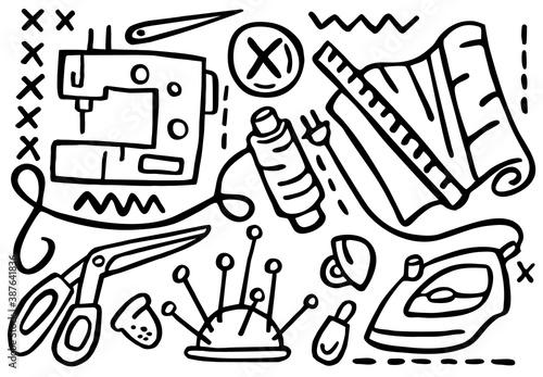 Vector illustration with doodles in form of elements for sewing, with concept on theme of Atelier, clothing repair. You can use it for wrapping, packaging, as background element web design, etc.