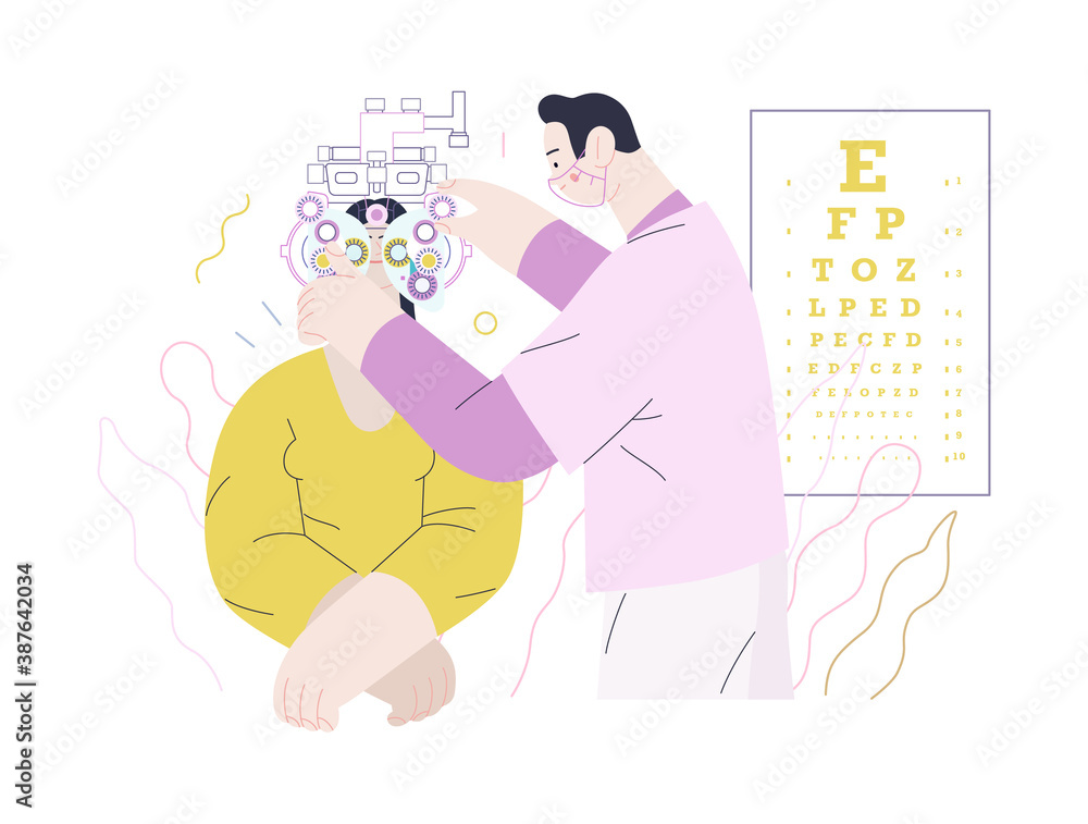 Medical tests template - c -modern flat vector concept digital illustration of eye test procedure -a female patient and a doctors with phoropter, ophthalmologic office Medical tests template - c -modern flat vector concept digital illustration of eye test procedure -a female patient and a doctors with phoropter, ophthalmologic office