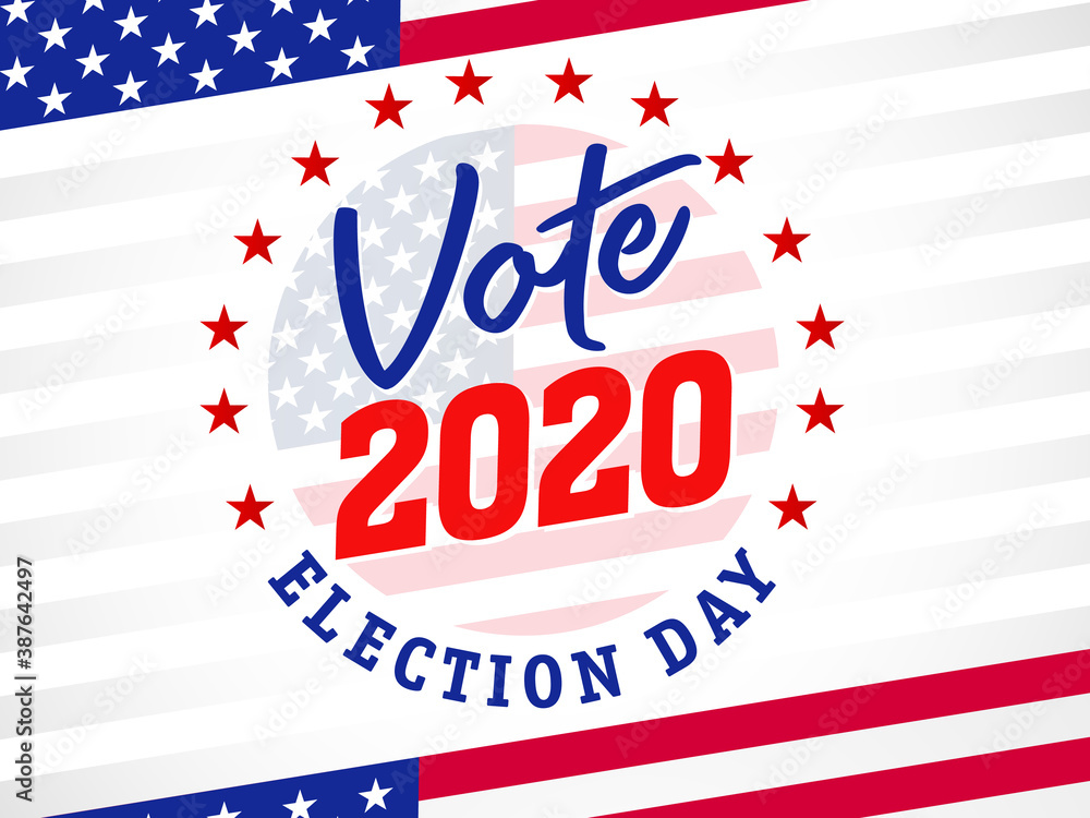 Obraz premium Vote 2020 election day, round emblem banner. USA Presidential election with American flag. US president debate, voting badge vector template