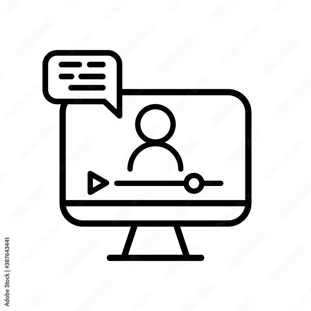 Online lesson icon. Video training symbol. Linear vector icon. Person talking in screen. Online lesson icon. Video training symbol. Linear vector icon. Person talking in screen.