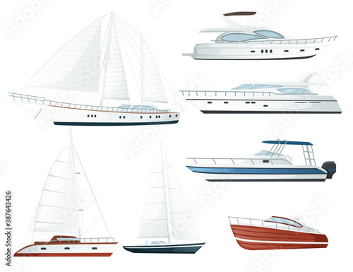 Set of modern motor yacht boat with sails and motors flat vector illustration on white background