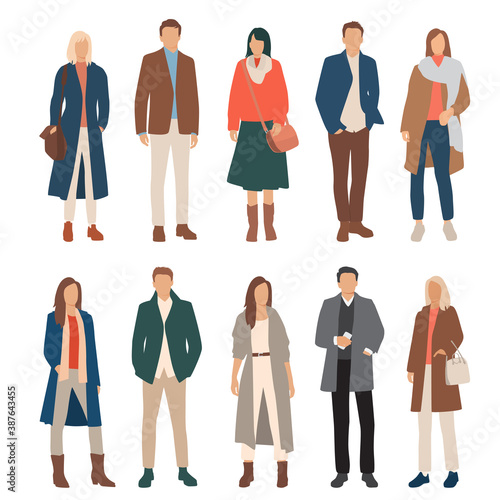 Set of young men and women standing  in spring, autumn and winter outerwear, different colors, cartoon character, silhouettes of people, students, flat icon design concept, isolated on white 