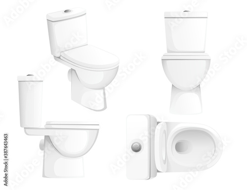 White ceramic toilet bowl with open and closed cover top front and profile view flat vector illustration on white background