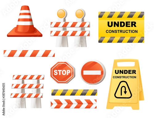 Set of different Under construction sign with red ribbon and red cone flat vector illustration on white background